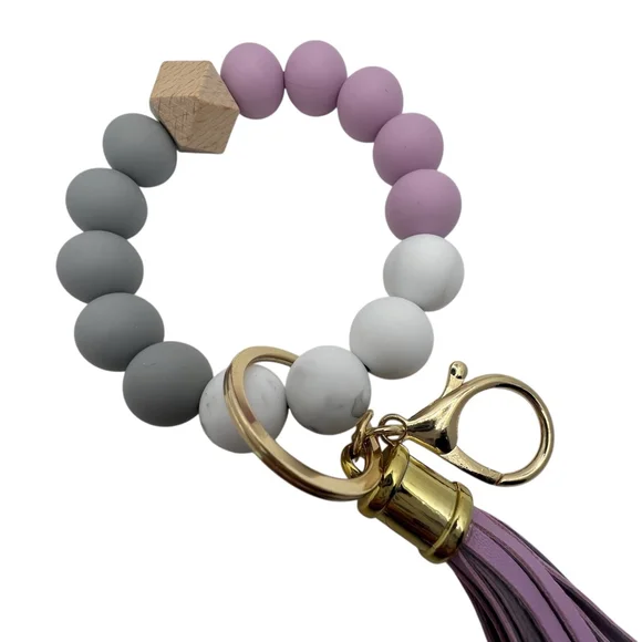 Beaded Silicone Keychain Bracelet Wristlet Purple Gray Marble with Tassel - Picture 2 of 3